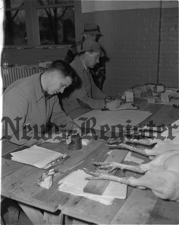 1951-12 Pacific Coast Turkey Exhibit-registration Wayne Roberts and Louie Gross doing paperwork.jpeg